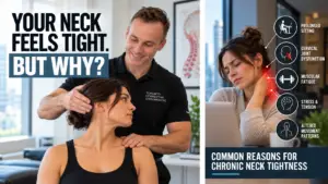 Chiropractor assessing cervical spine mobility for persistent neck tension relief in Toronto.